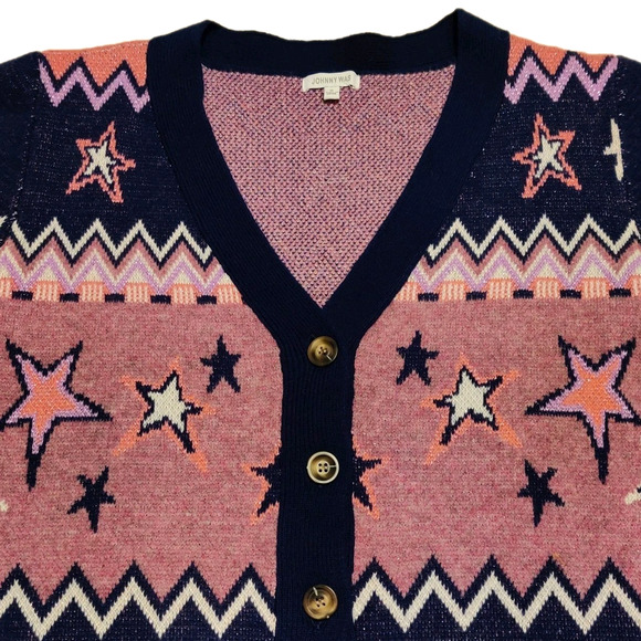 Johnny Was Shana Star Wool Cardigan Sweater Size XL Pink Blue Stars Sparkly NWOT - Picture 8 of 16